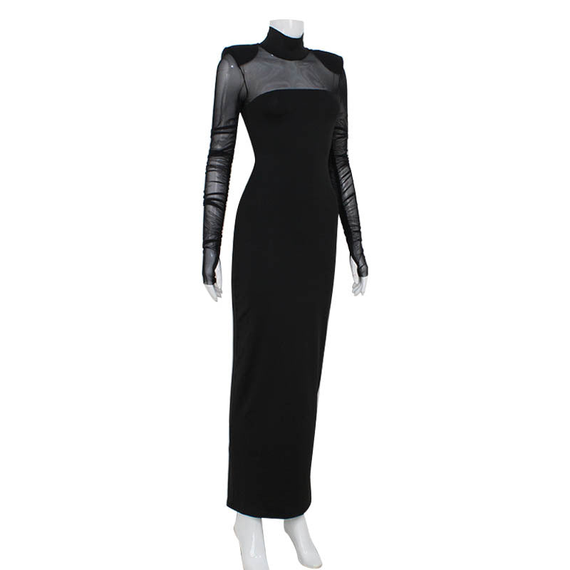 Elegant Women Clothing Half Turtleneck Mesh Slim Fit Patchwork Sexy Padded Shoulder Solid Color High Sense Maxi Dress Women