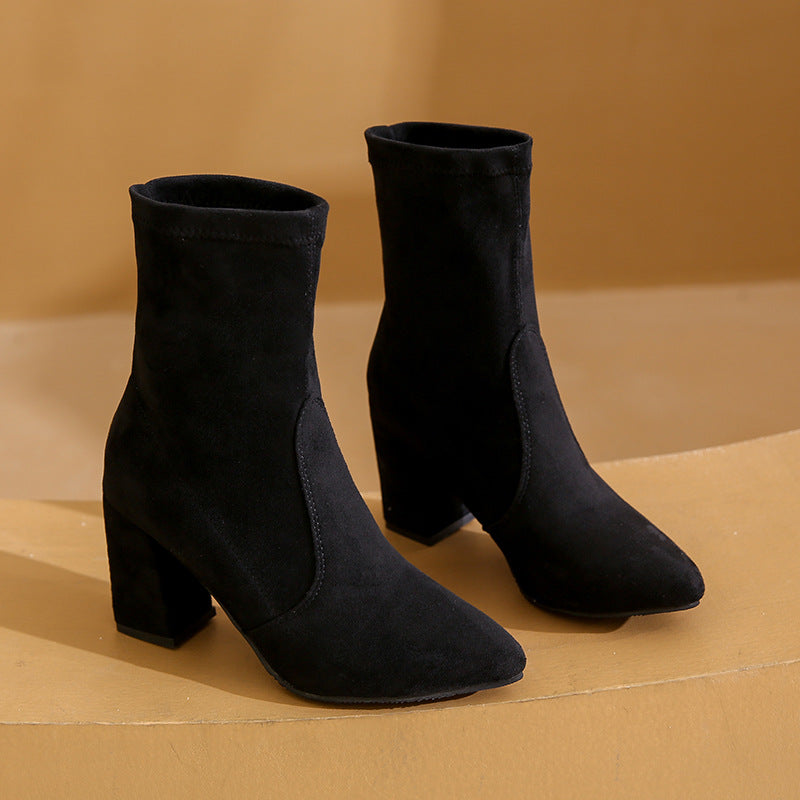 Boots Short Tube Women Elastic Fabric Mid Heel Chunky Heel Pointed Toe Ankle Boots