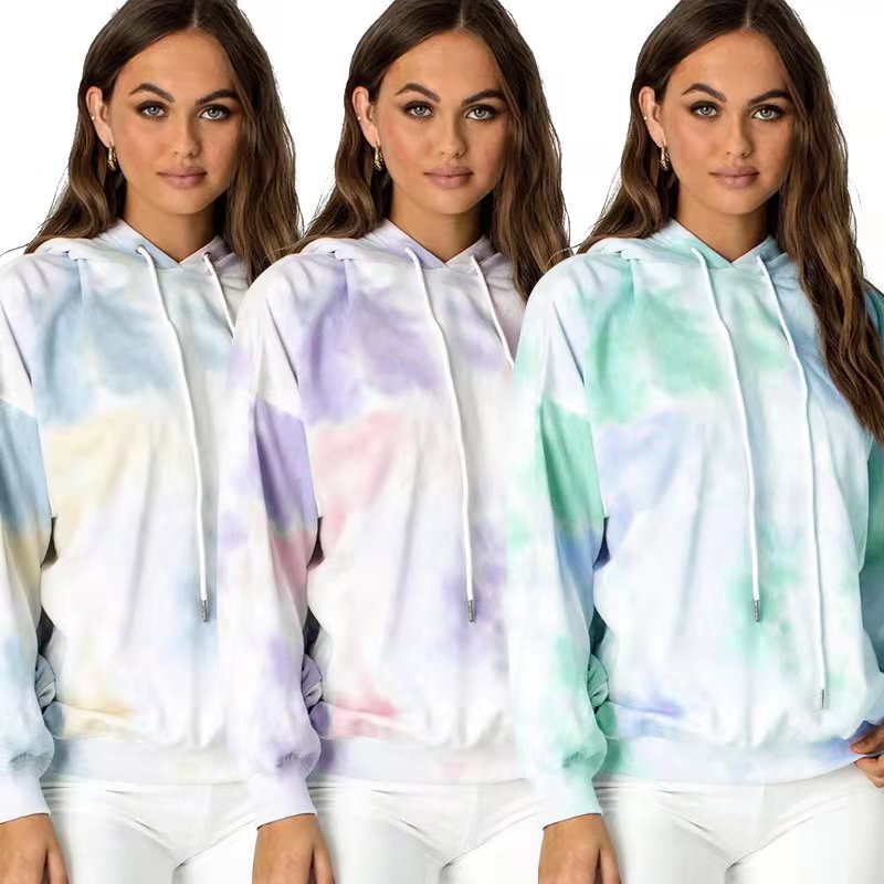 Autumn Winter Tie-Dye Loose Hooded Drawstring Women Clothing Urban Casual Long Sleeves
