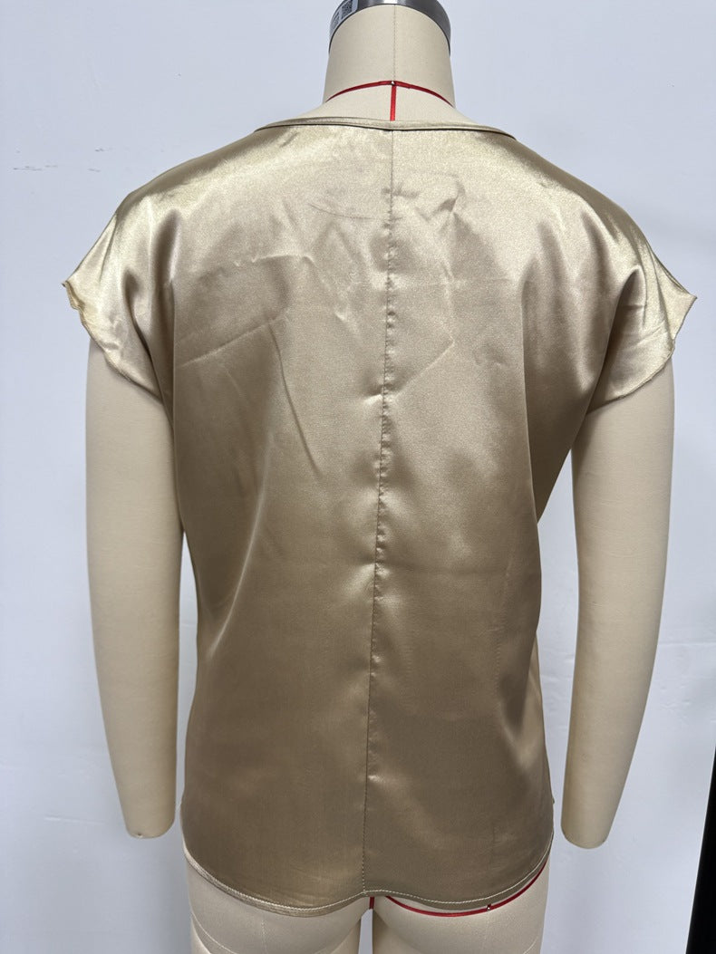 Summer Women Solid Color Casual Top Batwing Sleeve Satin round Neck Artificial Silk Women