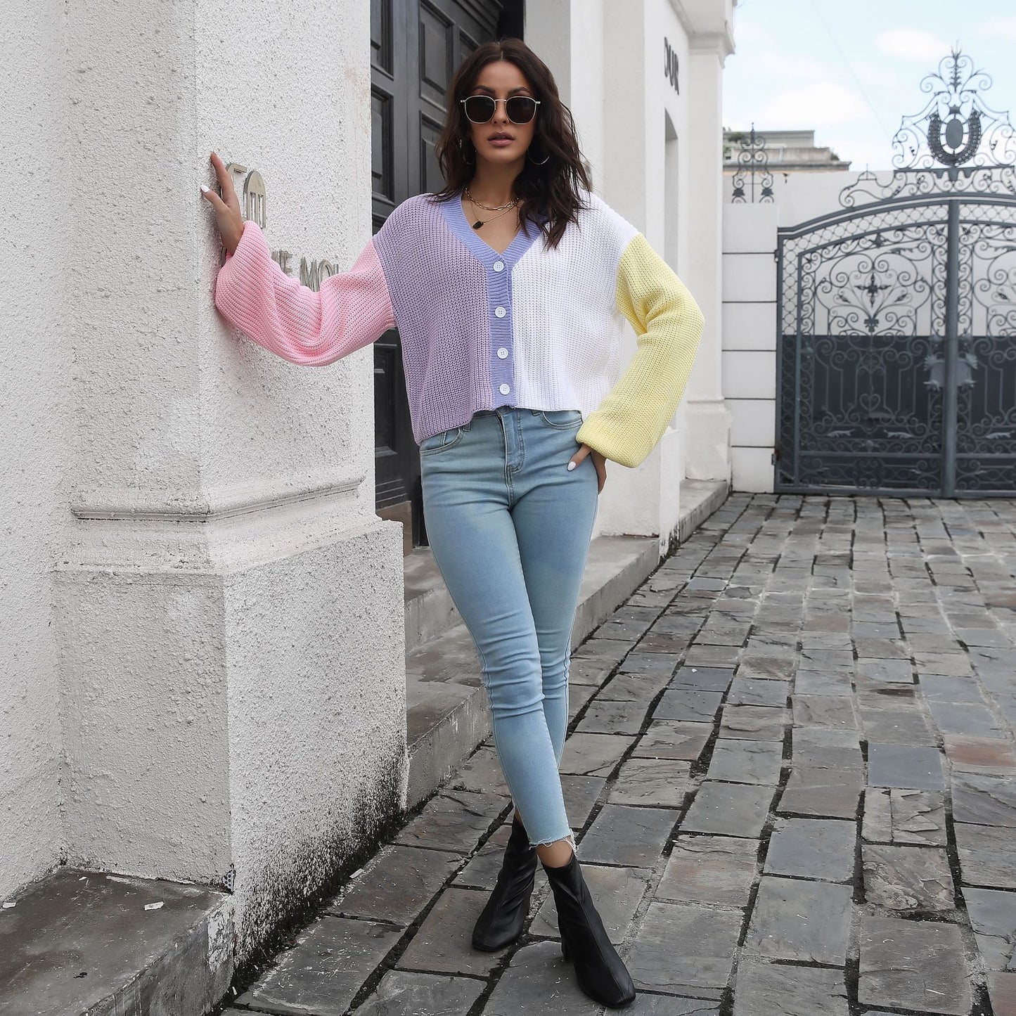 Color Stitching Knitted Cardigan Contrast Color Sweater Women Loose Long Sleeve Short Coat Women Clothing