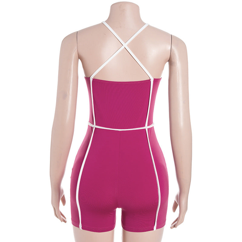 Cross Shoulder Strap Sleeveless Beauty Back Contrast Color Slim Fit High Waist Sports Jumpsuit