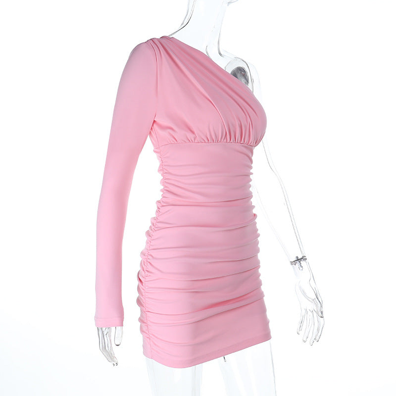 One Shoulder Sexy Backless Long Sleeves Slim Fit Dress Women Sexy Hip Dress