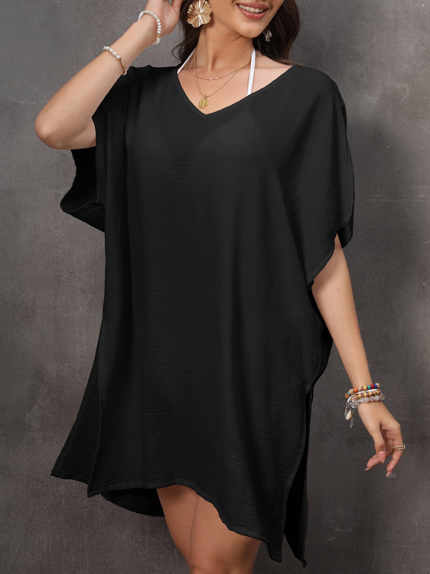 Summer Women Clothing Beach Beach Cover Up V neck Loose Dress