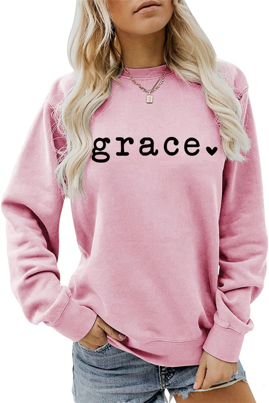 Grace Love Letter Graphic Loose Autumn Winter Bottoming Casual Top Long Sleeve Sweatshirt Women