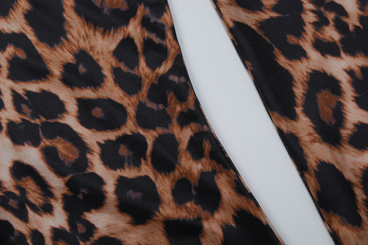 Women Clothing Autumn Winter Leopard Print V neck Long Sleeve Sexy Tight Jumpsuit Women