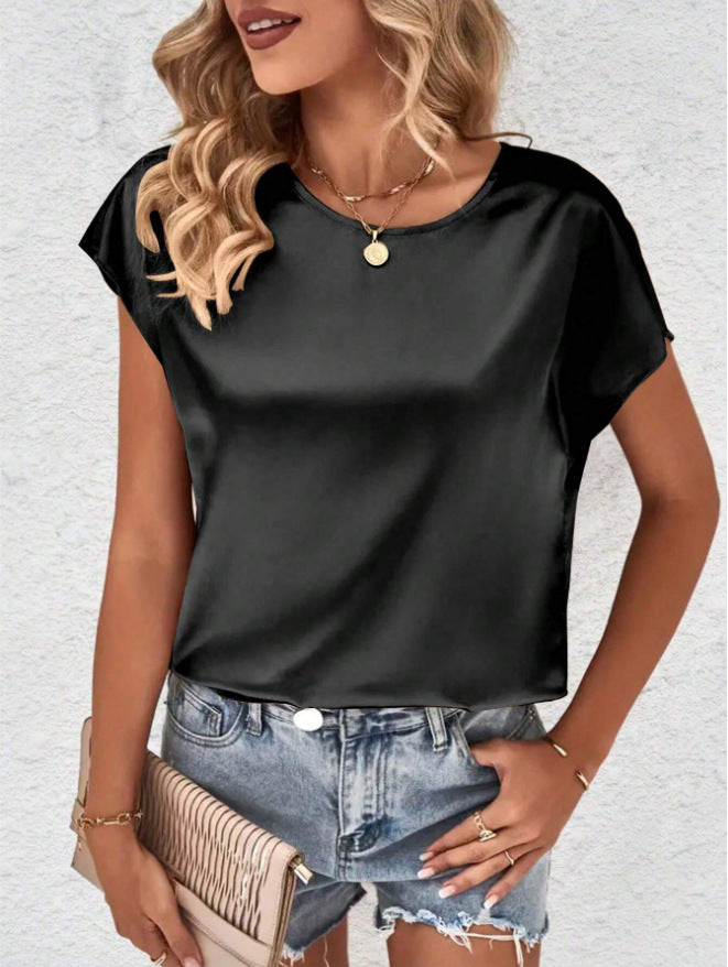 Summer Women Solid Color Casual Top Batwing Sleeve Satin round Neck Artificial Silk Women