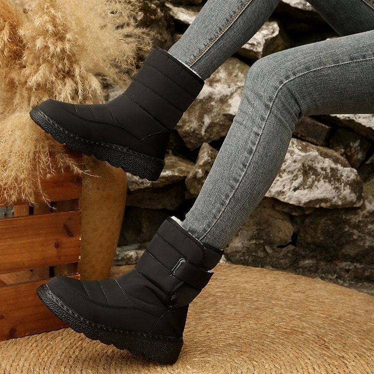 Winter Fleece Lined Warm Slugged Bottom Snow Boots Women Velcro down Cloth Mid Calf Cotton Shoes
