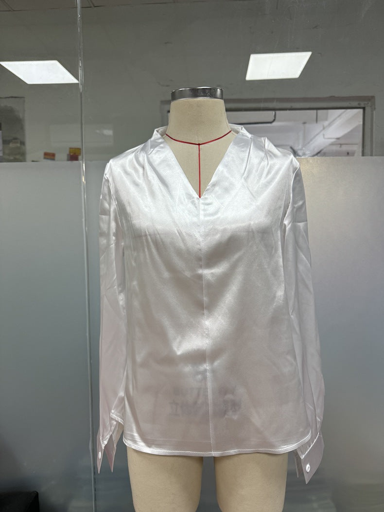 Women V neck Shirt Tops Fall Long Sleeve Satin Shirt