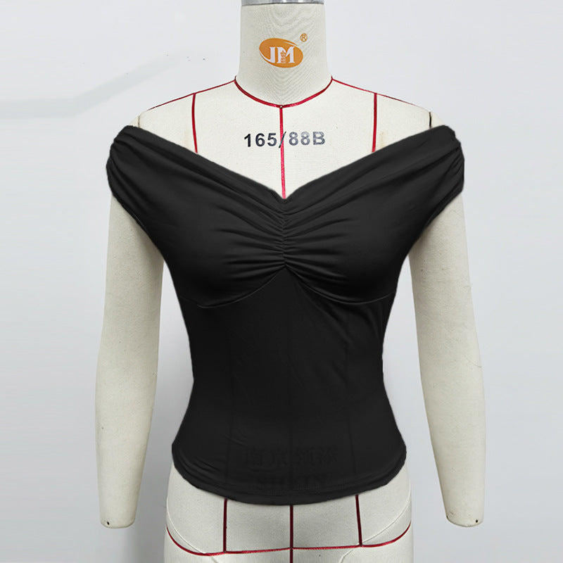 Women Clothing Spring Summer off Shoulder Wrinkle Front Chest Top Sexy off Shoulder Pure Sexy Vest Women