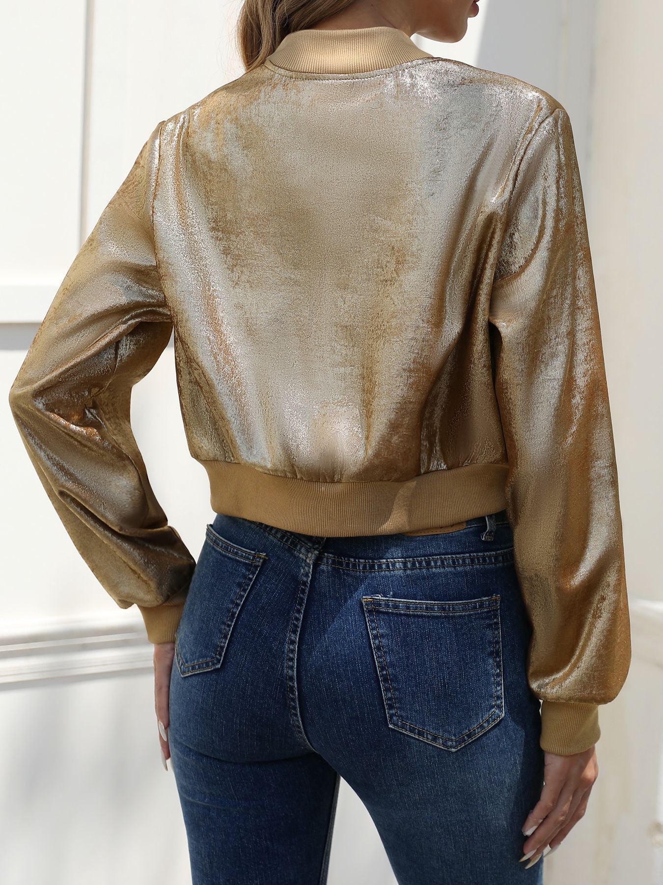 Women Spring Autumn Long Sleeve Zipper Gold Foil Casual Jacket