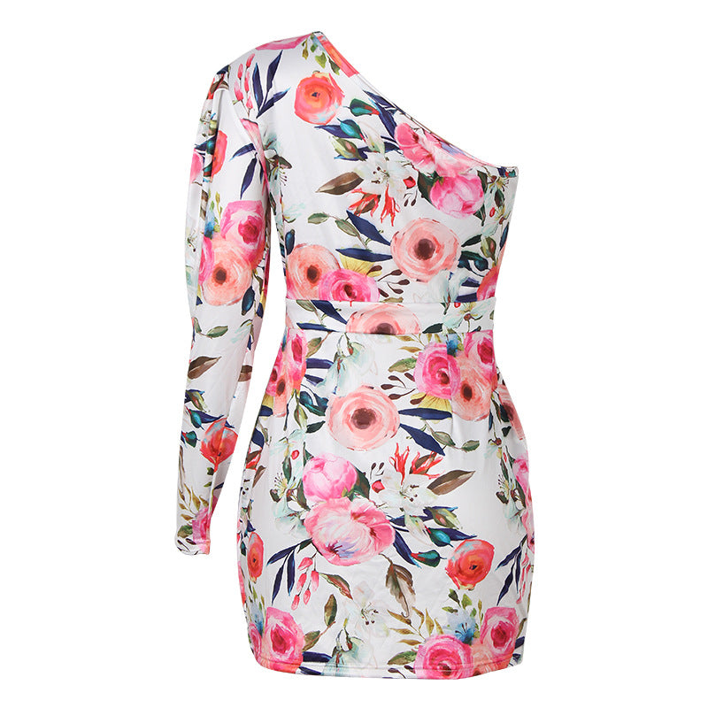 Spring Summer Women Clothing Printed One Shoulder Hip High Waist Slim Fit Dress