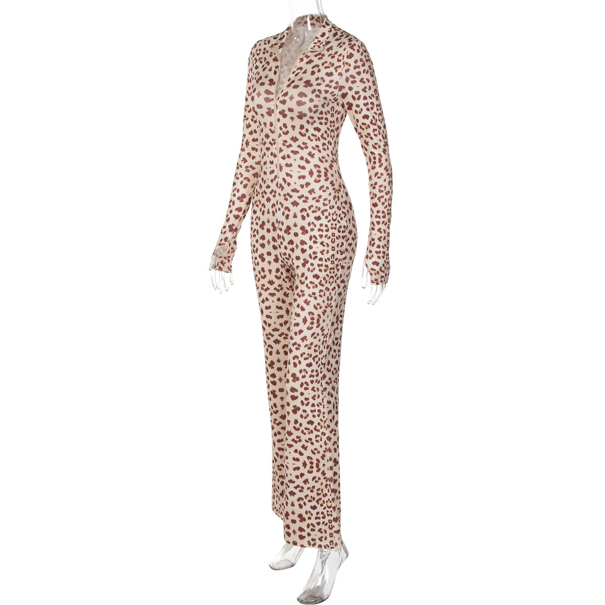 Autumn Winter Women Long Sleeved Leopard Print Flared Pants Zipper Cardigan Slim Fit Bodysuit