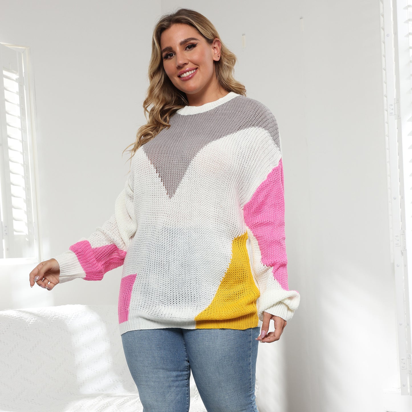 Plus Size Women Clothes Color Contrast Patchwork Loose Casual Pullover Sweater