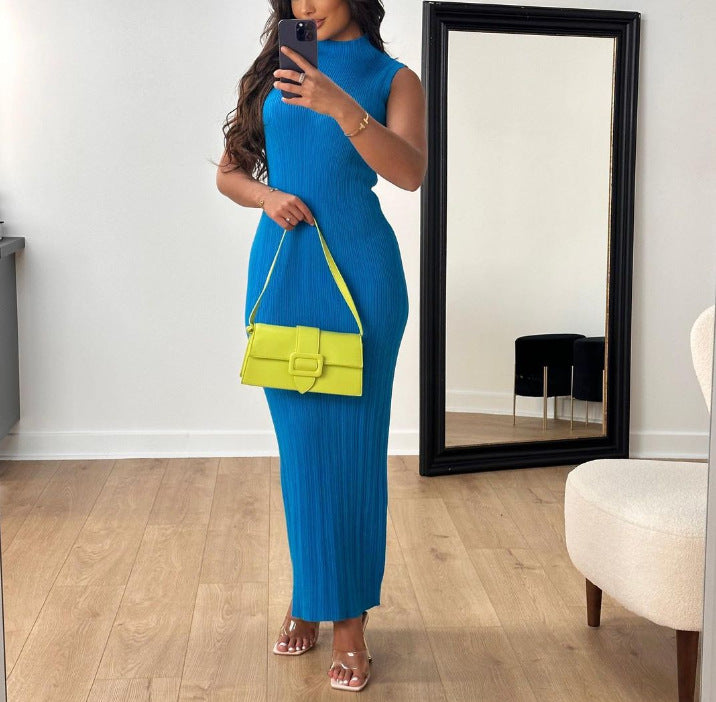 Women Clothing Summer Casual Knitted Sleeveless Round Neck Dress Women