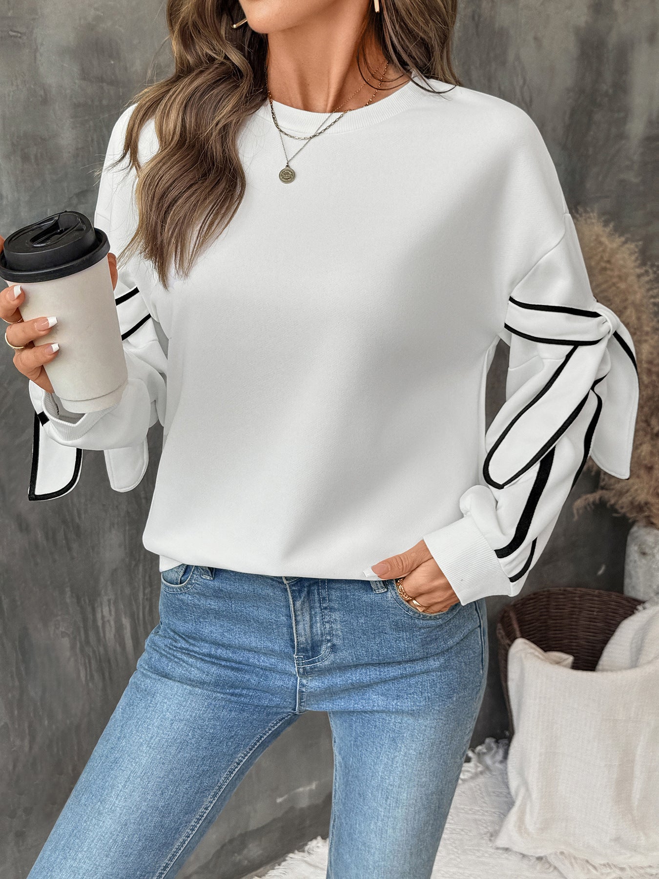 Autumn Contrast Color Three Dimensional Bow round Neck Long Sleeve Pullover Hoodie Women