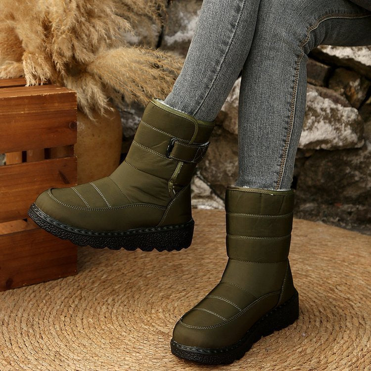 Winter Fleece Lined Warm Slugged Bottom Snow Boots Women Velcro down Cloth Mid Calf Cotton Shoes