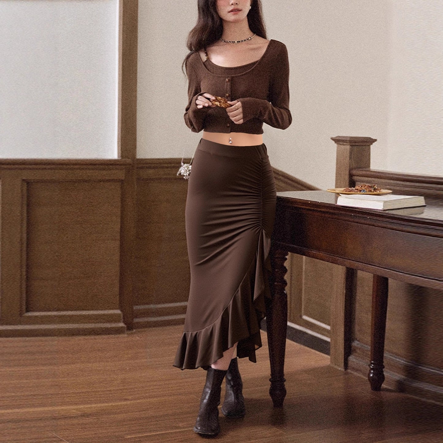 Irregular Asymmetric Ruffled Skirt for Women High Waist Ruched Slimming Fishtail Hip Skirt