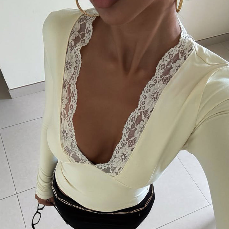 V neck Stitching Lace Sexy Long Sleeve Slim Fit Top Women