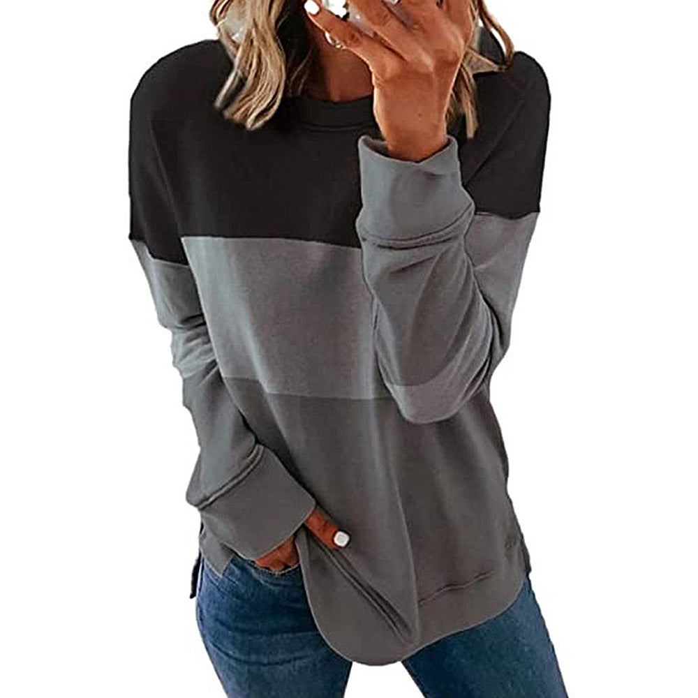 Autumn Winter Women Clothing Printing Color Contrast Patchwork Round Neck Long Sleeve Sweatshirt