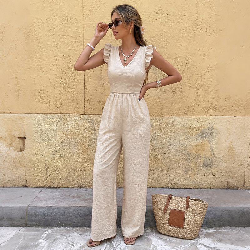 French Pastoral Flying Sleeves V neck Back Bow Jumpsuit