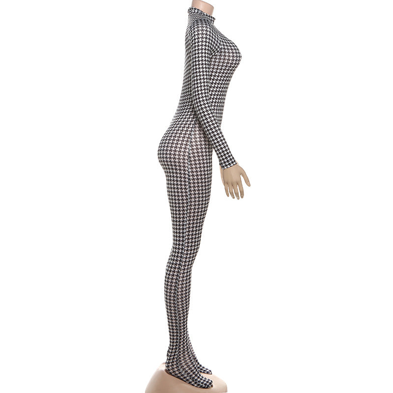 Autumn Winter Women Clothing Printed Turtleneck Long Sleeve Sexy High Waist Slim Fit Bodysuit