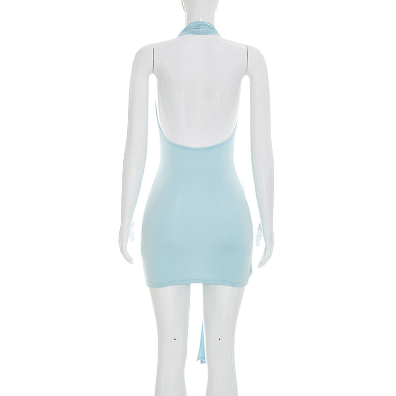 Women Clothing Summer Solid Color Casual Halter Deep V Plunge Bare Back Twisted Ribbon Dress