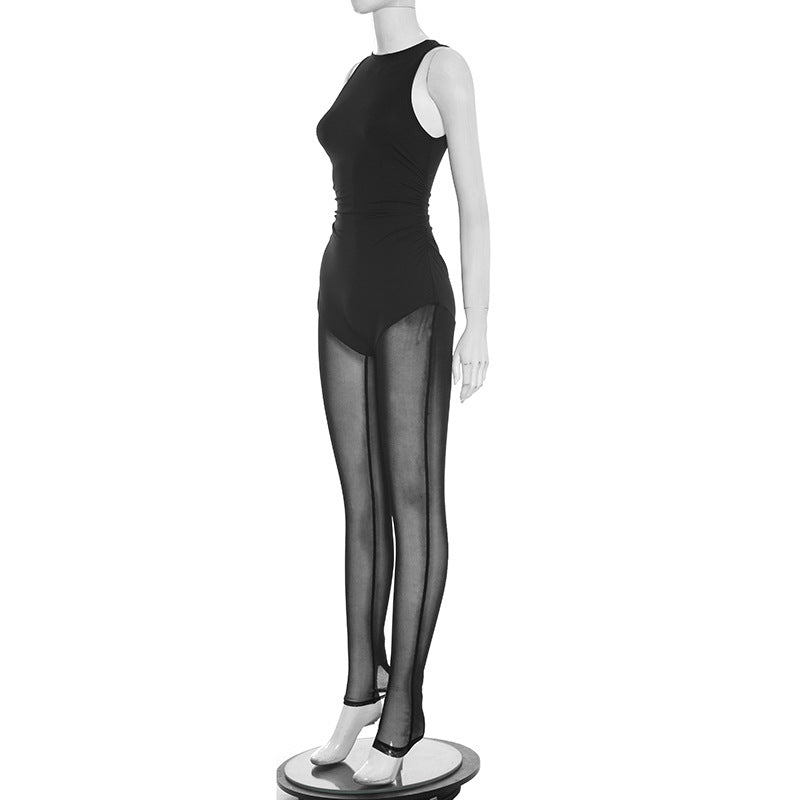 Women Clothing Spring Solid Color Sexy Pleated Sleeveless Stitching Mesh Slim Fit Long Conjoined Trousers