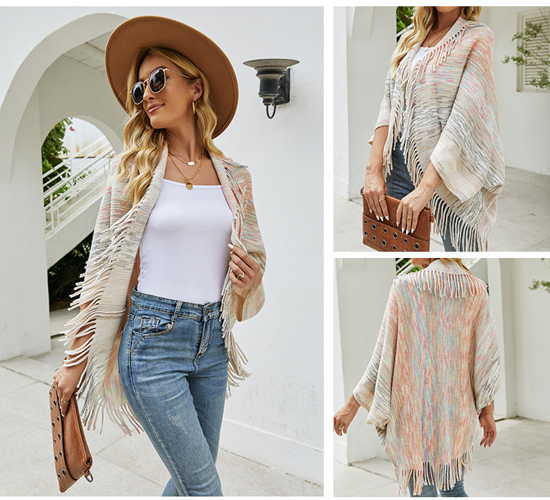 Autumn Winter New Shawl Cape Sweater Tassel Hem Color Cardigan for Women