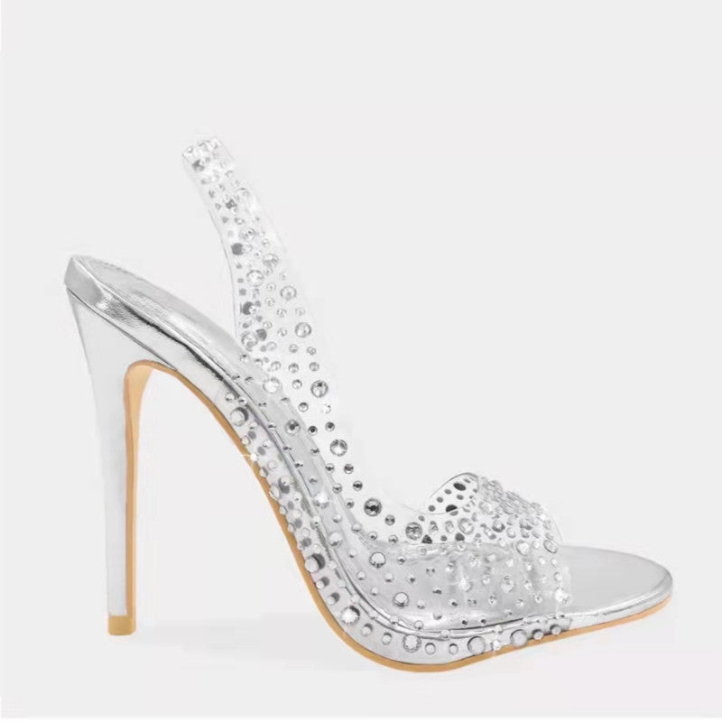 High Heel Transparent PVC Fabric Peep Toe Sandals Women Rhinestone Pointed Toe Sexy Stiletto Heel Slippers
