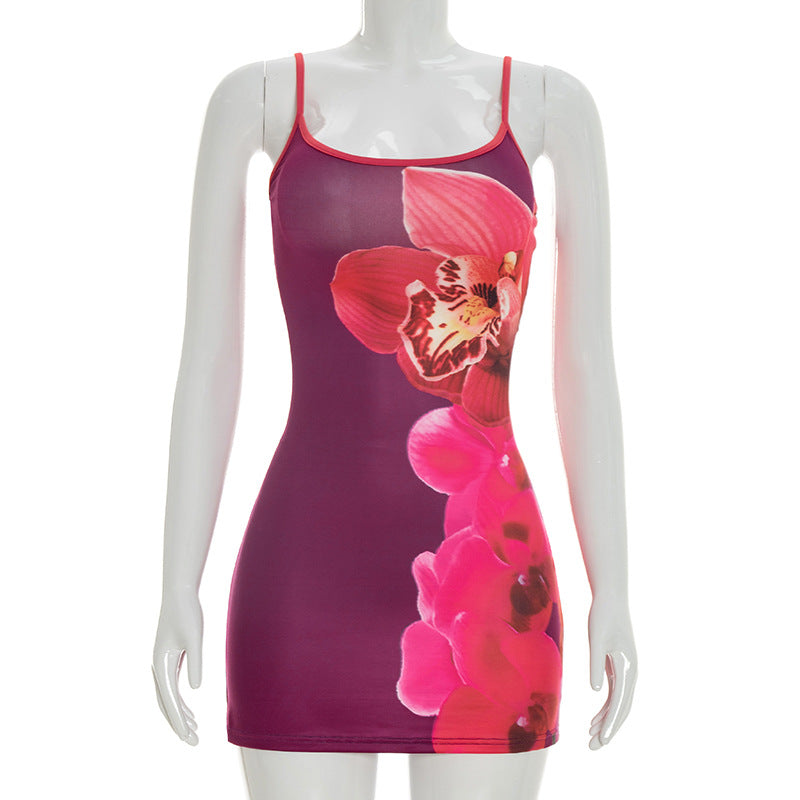 Women Clothing Summer Casual Floral Print Sling a Swing Sleeveless Slim Short Dress