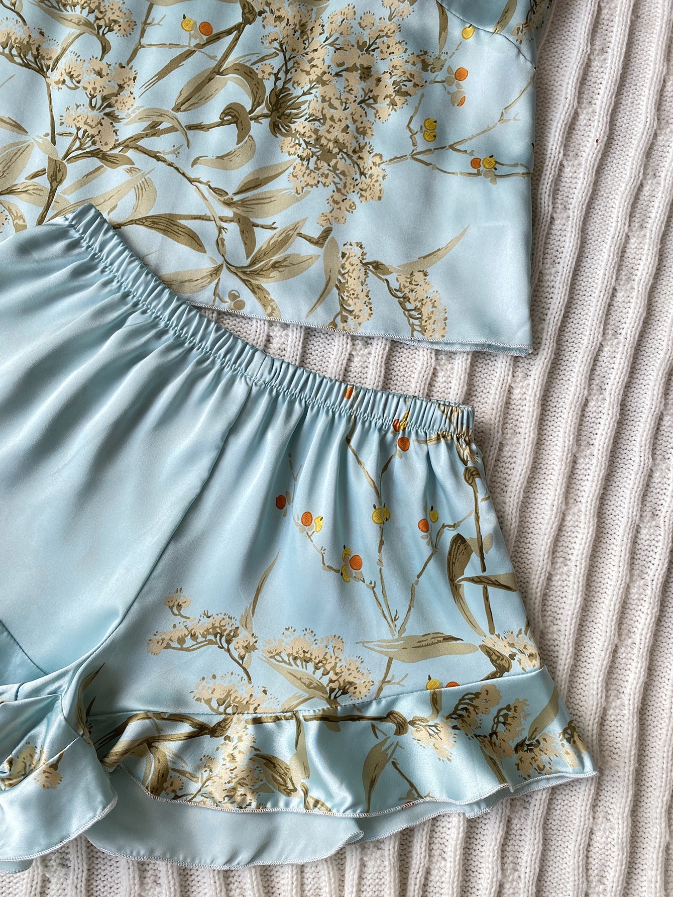 Spring Summer Imitated Silk Pajamas Two-Piece Printed Shorts Home Wear Suit Sexy Sling Dress