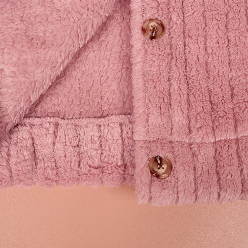 Women Clothing Autumn Winter Sunken Stripe Velvet Cardigan Collared Short Coat