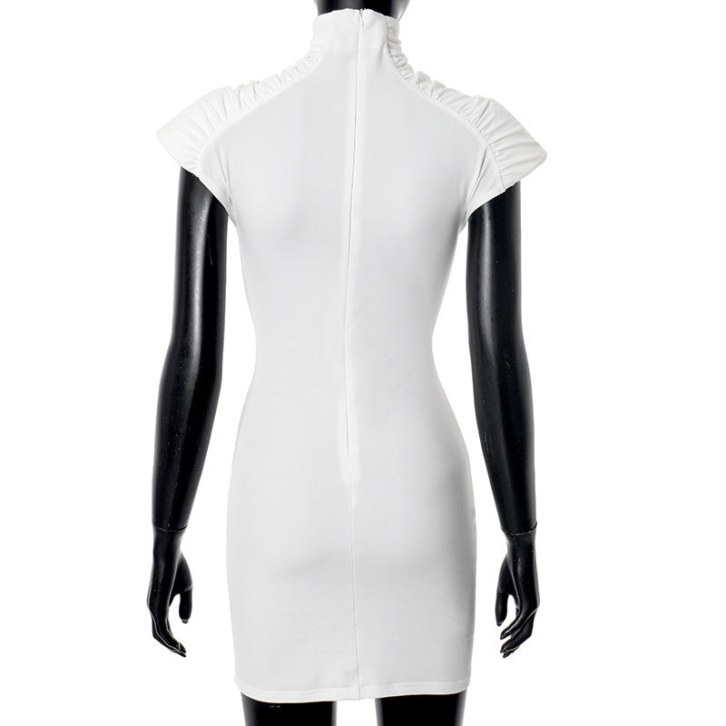 Women Clothing Summer Sexy Skinny Sheath Pleated Padded Shoulder Dress Women