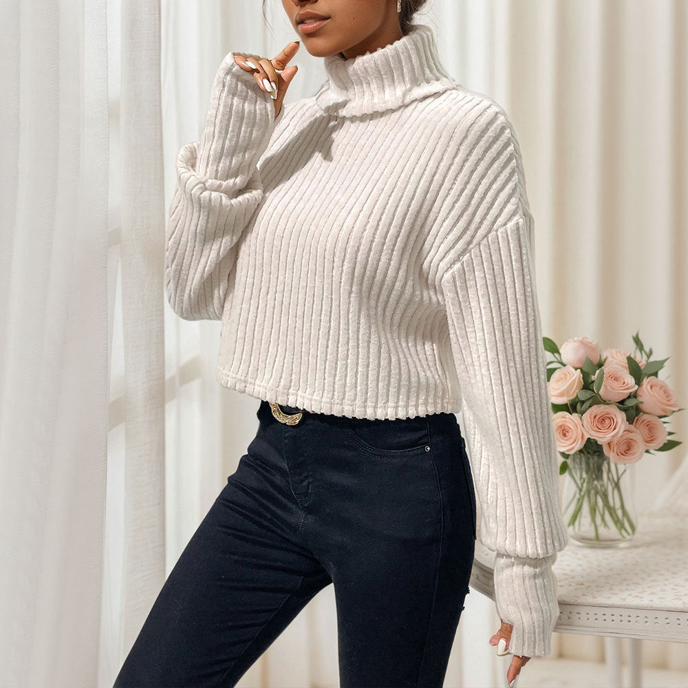 Autumn Winter Solid Color Thread Knitted Pullover High Collar Short Section Bottoming Top