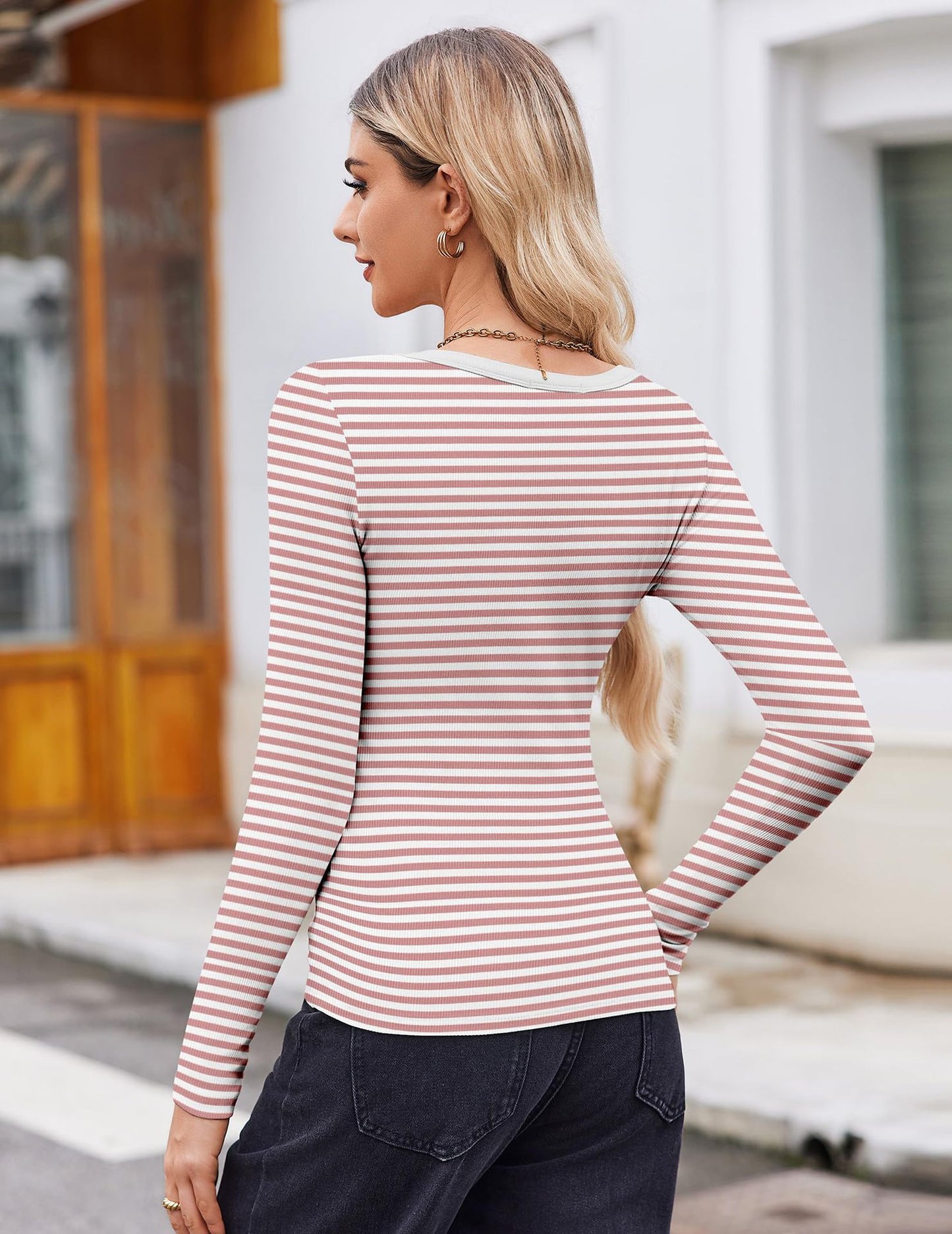 Women Wear Top Striped Slim U Neck Sexy Long Sleeve