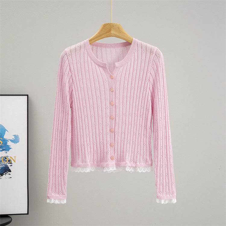 Hollow Out Cutout out Crocheted Lace Knitted Cardigan Women Summer Thin Slub Linen Sun Protection Shirt Top