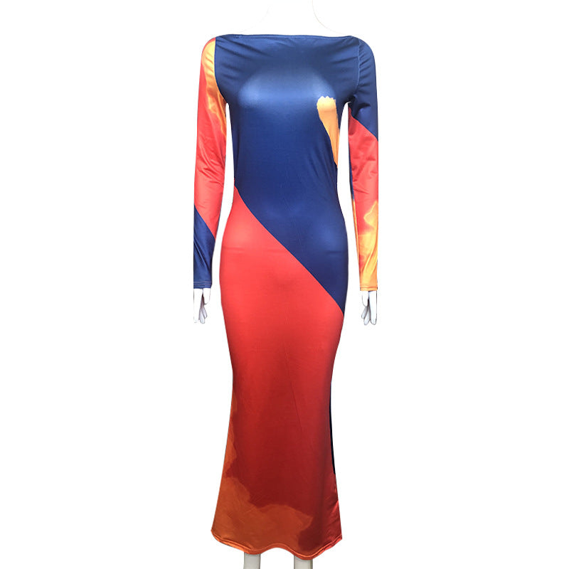 Summer Women Off Neck Printed Dress Sexy Backless Skinny Hip Dress Mid Length