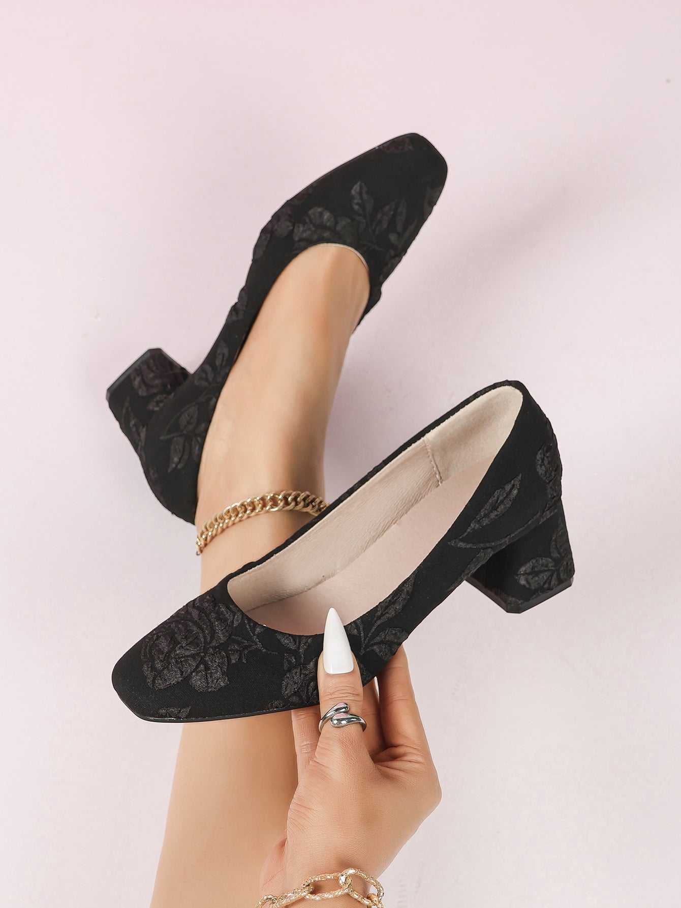 Women Shoes Low Heel Flat Heel Shallow Mouth All Match Square Toe Mary Jane Pumps Grandma Shoes