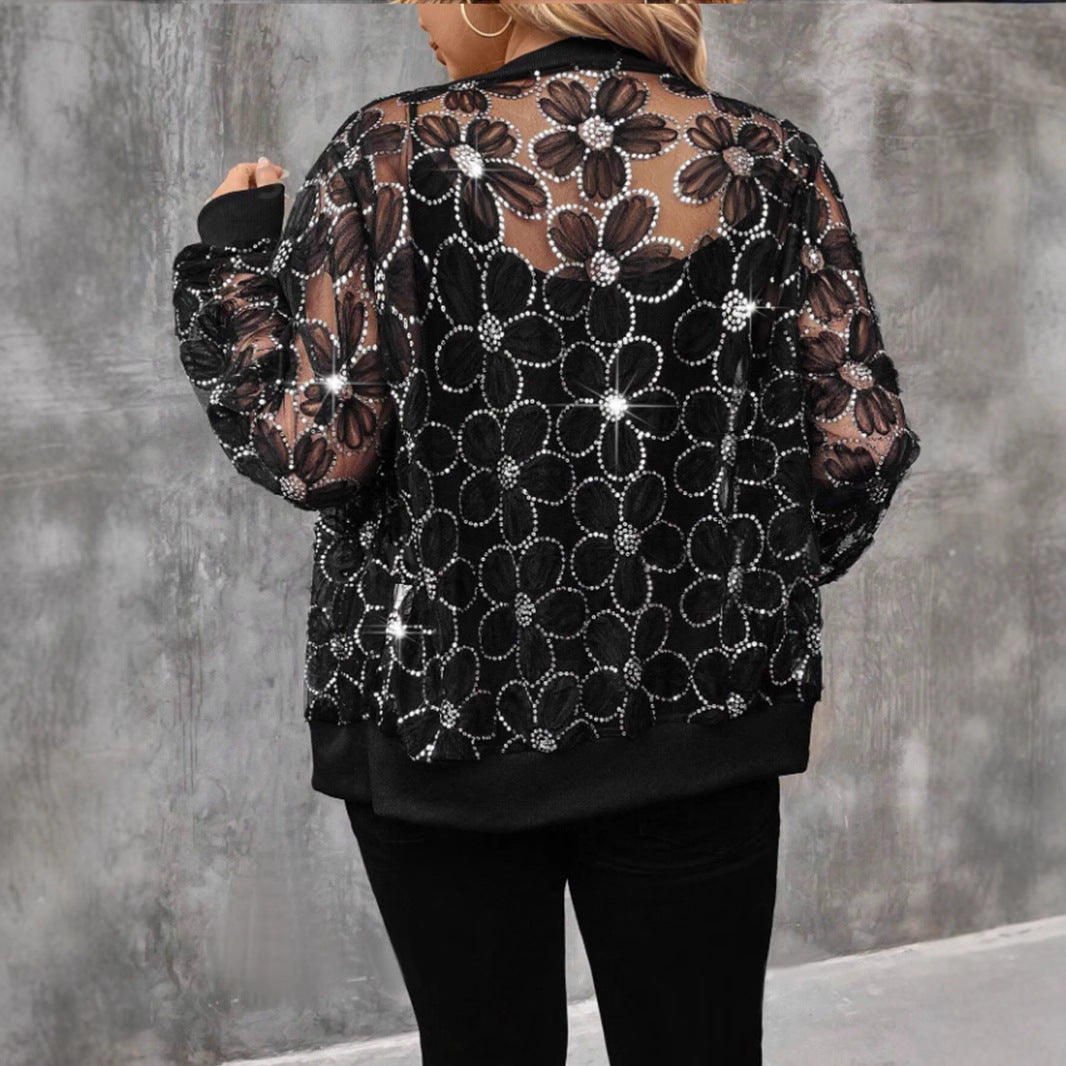 Plus Size Sequin Gauze Thread Stitching Zipper Cardigan Outerwear Sun Protective Clothing