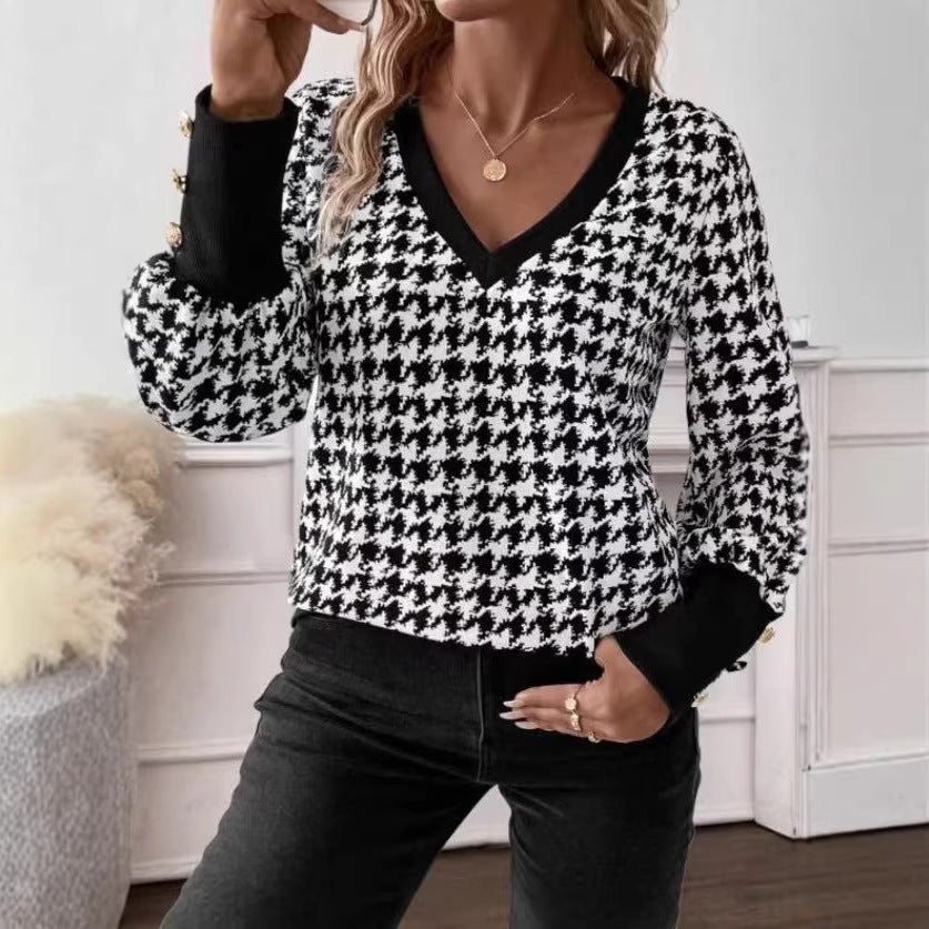 Women Clothing Spring Summer Casual Leopard Print V neck Long Sleeve T shirt