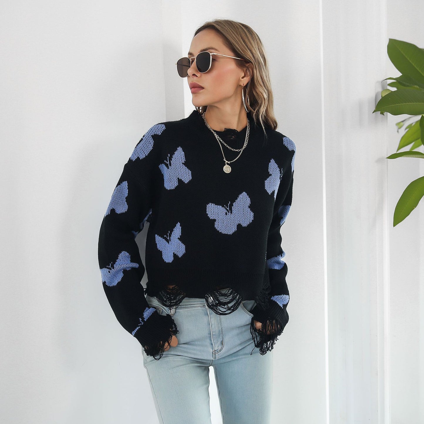 Ripped Butterfly Jacquard Short Sweater Women Autumn Winter Long Sleeve Sweater Sweater