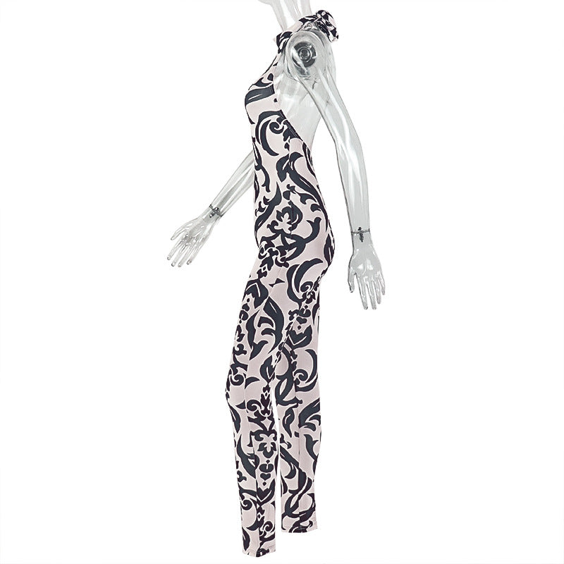 Women Striped Jumpsuit Sexy Halter Turtleneck Backless Print Long Jumpsuit