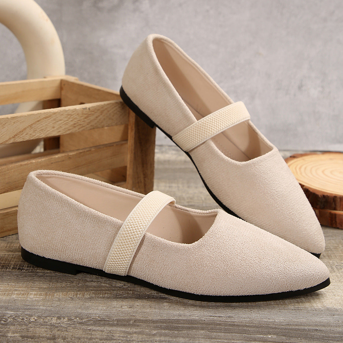 Pointed Toe Rhinestone Low Cut Flat Pumps Women Suede Four Seasons Work Shoes Supply