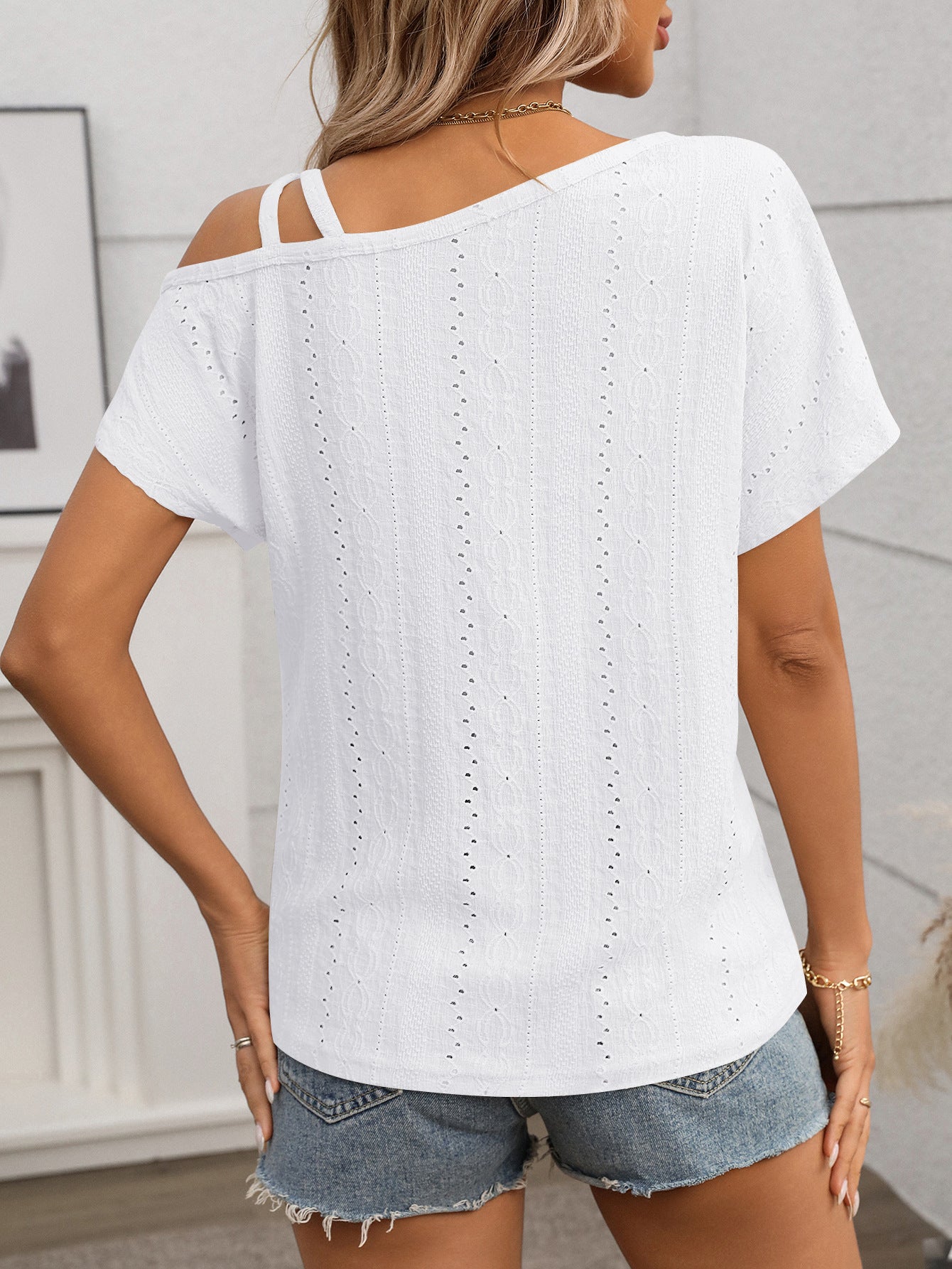Summer Women Clothing Solid Color One Shoulder Short Sleeved T shirt Hollow Out Cutout out Top Women