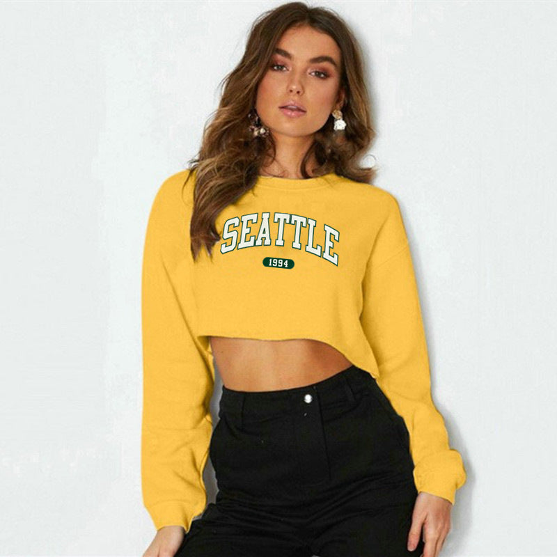 Women Clothing Autumn Winter Seattle Letter Graphic Printing Short Loose Long Sleeves Sweatshirt