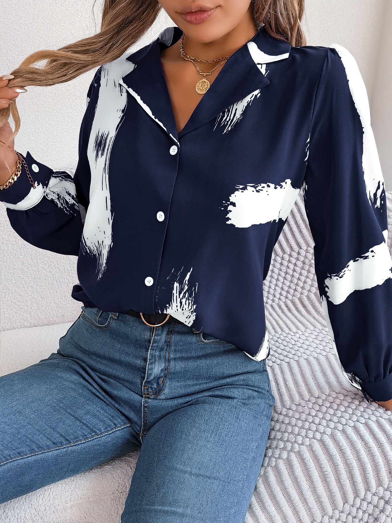 Autumn Winter Contrast Color Striped Collar Long Sleeve Shirt Women Clothing