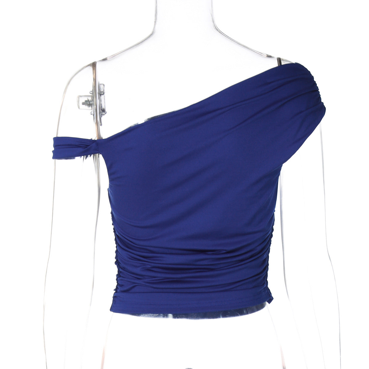 Women Clothing Summer Sexy One Shoulder Cold Shoulder Twist Design Pleated Slim T shirt
