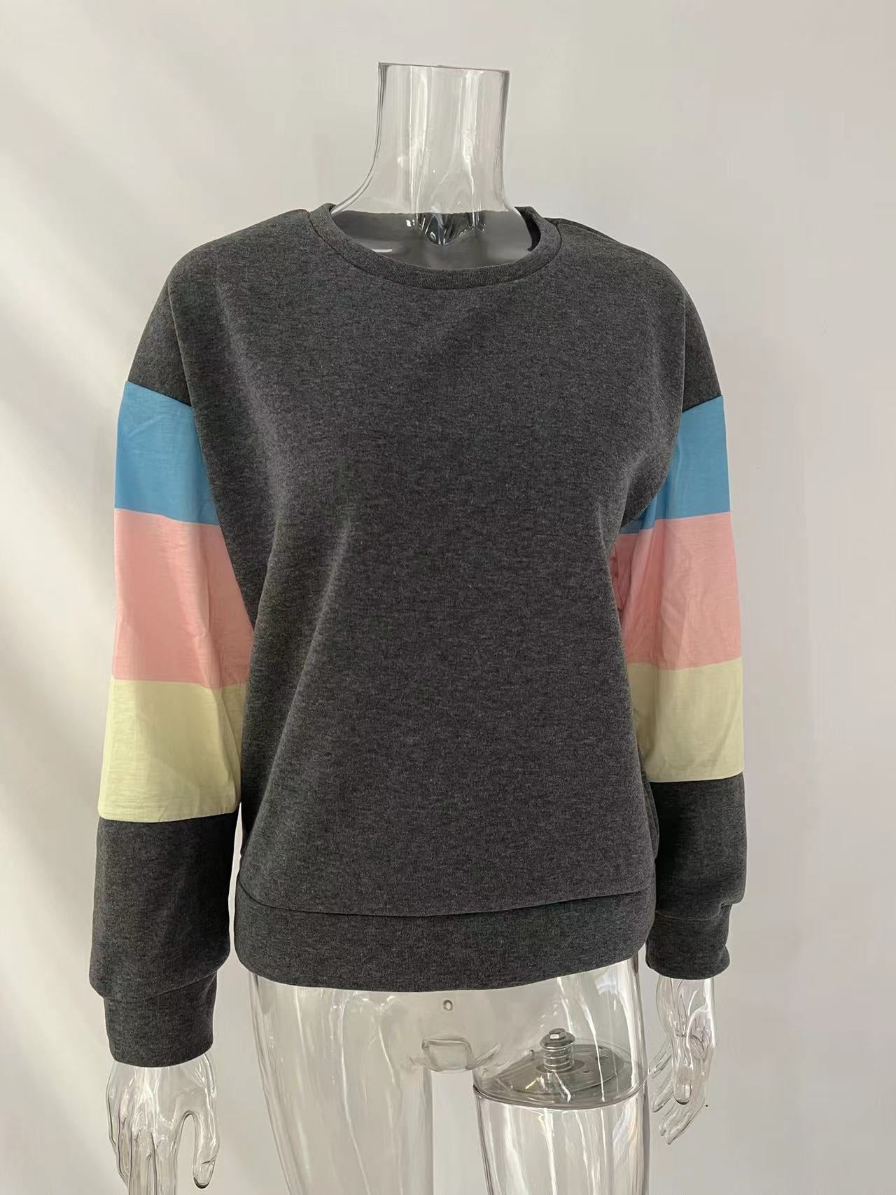Pullover Sweatshirt Women Spring Autumn Round Neck Long Sleeve Contrast Color Long Sleeve T Shirt Women