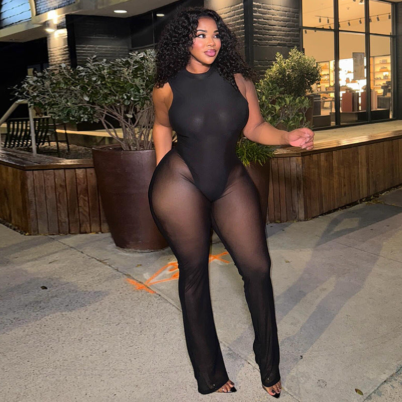 Slim Fit Sports Women round Neck Micro Transparent Mesh Jumpsuit Sexy Solid Color Backless Long Jumpsuit